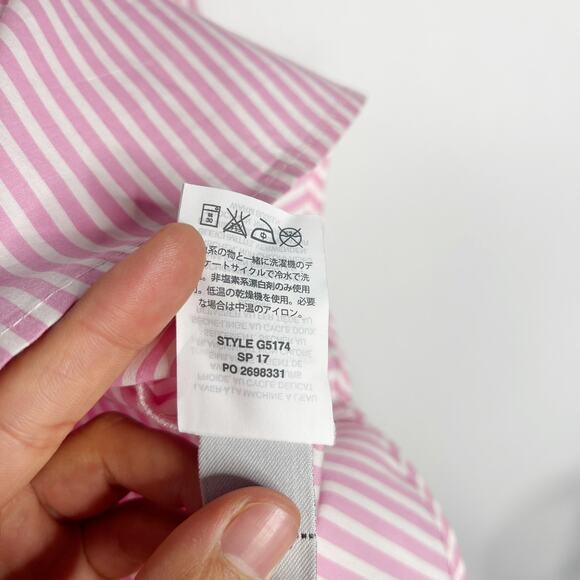 J Crew Womens Size 2 Pink White Bell 3/4 Sleeve Blouse Top Split V Neck Cotton - Picture 10 of 12